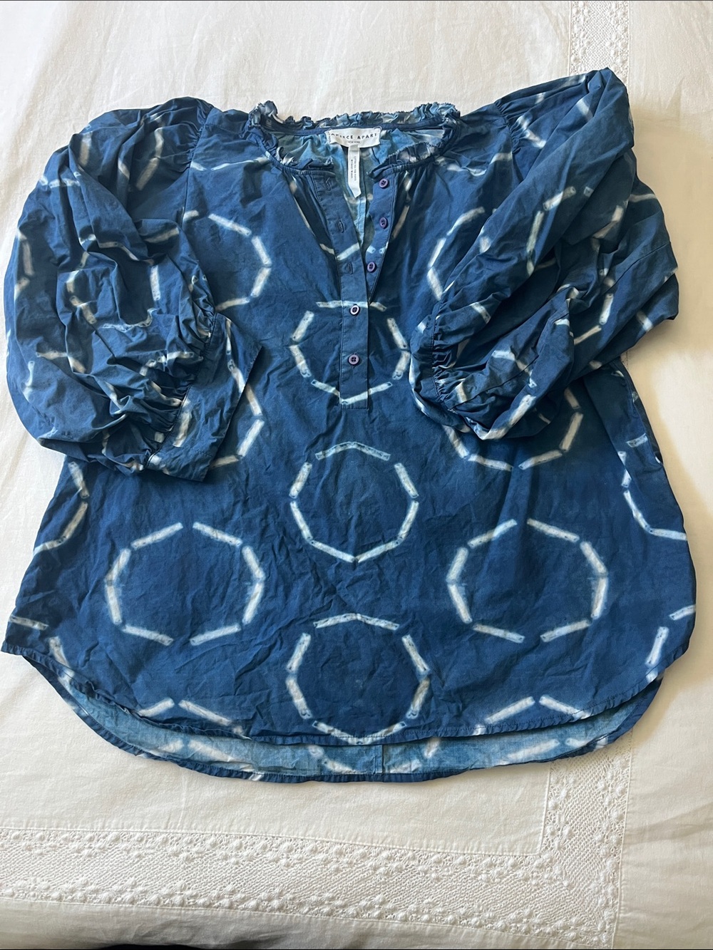 Apiece Apart Blue & White Tie Dye Cotton Puff-Sleeved Blouse, Size Medium